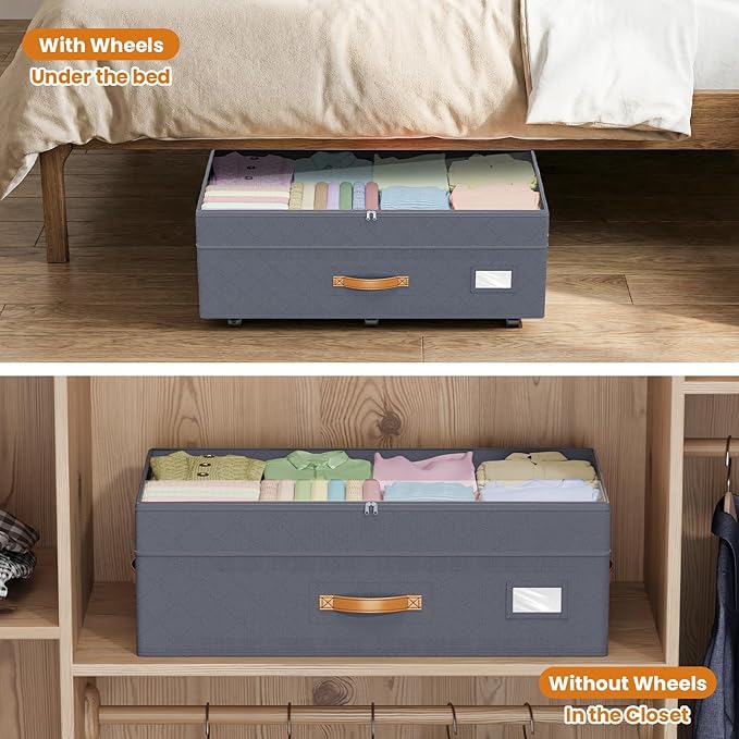 Budding Joy Under Bed Storage with Wheels 2Pack, 80L- Height Adjustable Underbed Containers with Clear Lids, Rolling Under Bed Shoe Storage Organizer for Dorm Home Clothes, Blankets, Toys, Grey