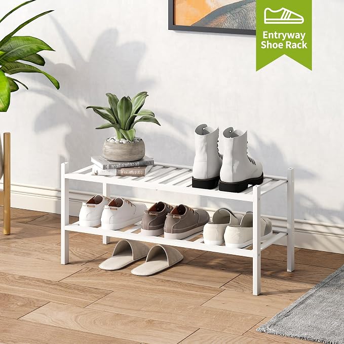BMOSU 2-Tier Bamboo Shoe Rack Premium Stackable Shoe Shelf Storage Organizer for Hallway Closet Living Room Entryway Organizer(White Bamboo)
