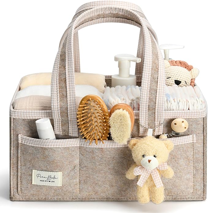 PeraBella Baby Diaper Caddy Organizer, Baby Basket Shower Gift Caddy, Portable Felt Changing Table Basket, Nursery Storage Bin, Newborn Boy and Girl Essentials for Registry, Car Diaper Organizer
