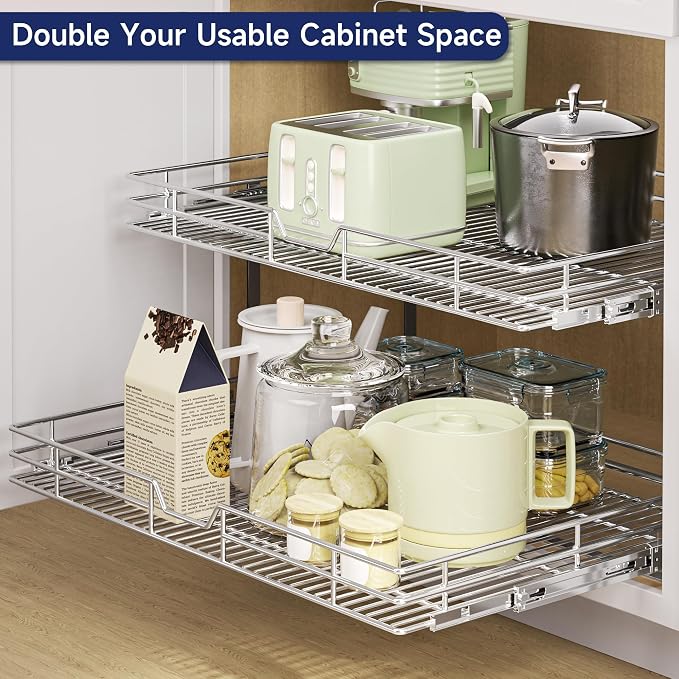 2-Tier Pull Out Cabinet Organizer, 27" W x 21.5" D, Heavy Duty Dual Slide Out Shelves for Wide Base Cabinets, Chrome Wire Basket Drawer for Pots, Pans, Pantry & Cleaning Supplies