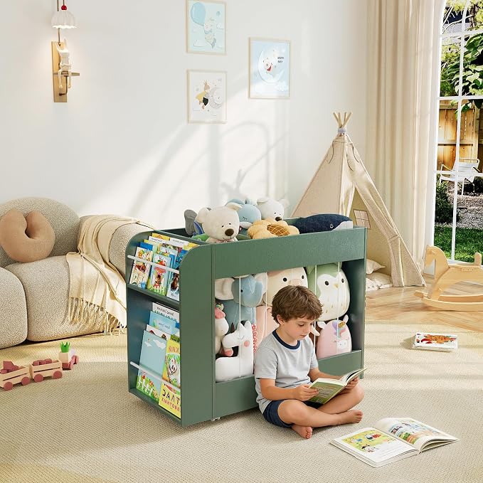 Wooden Kids Bookshelf and Toy Storage Organizer with Side Drawing Chalkboard, 3-in-1 Mobile Stuffed Animal Storage Zoo, Rolling Toy Box Container on 4 Wheels for Kids Room Playroom Nursery, Green