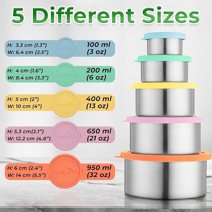 Stainless Steel Food Storage Containers - Metal Set of 5, Snack Size | EcoEarth for 100% plastic-free, airtight, and leakproof with food-safe silicone lids for mess-free travel.