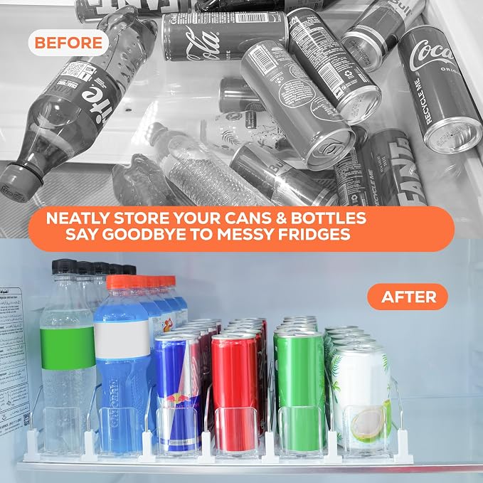 Upgraded Premium Drink Organizer for Fridge. Ultra Space Saving Soda Can Organizer with Larger Stopper Height and Automatic Pusher with Locking Feature. Holds 30 Cans (6 Rows, White)