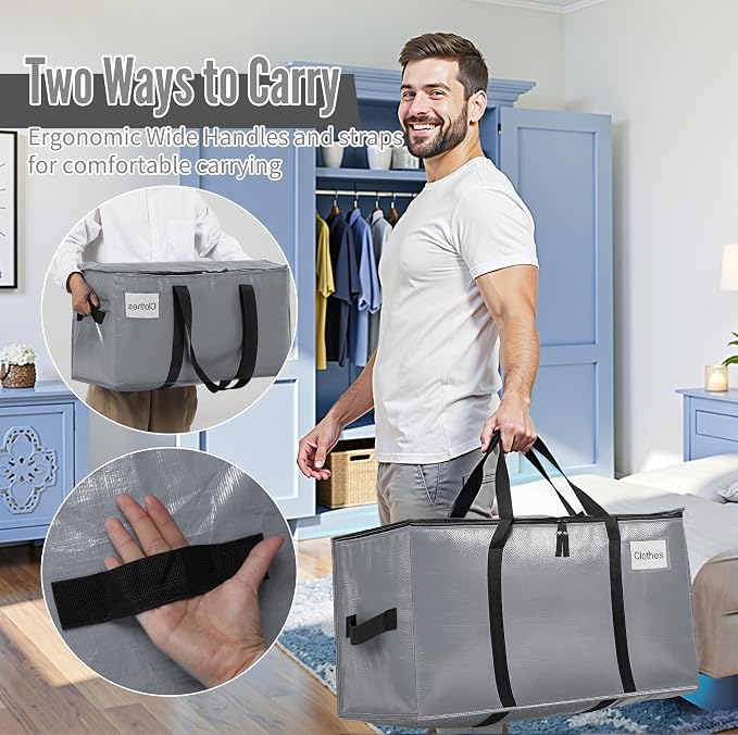 BAGAIL Heavy Duty Moving Bags with Strong Handle, Extra Large Moving Boxes, Storage Tote for Clothes, College Moving Supplies(Grey, 2 Pack)