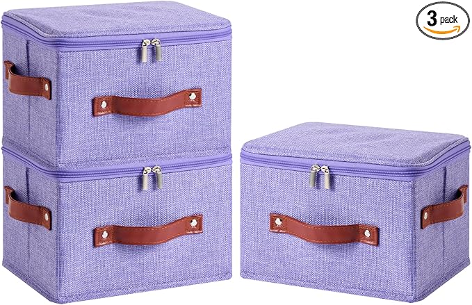 3PCS Storage Bins Boxes with Zippered Lids Cotton Linen Fabric Decorative Basket PU Leather Handles PP Plastic Board Foldable Lidded Clothing Shelf Closet Organizer Container (Purple, Small)