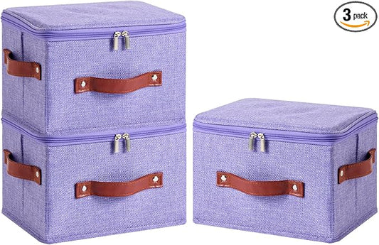 3PCS Storage Bins Boxes with Zippered Lids Cotton Linen Fabric Decorative Basket PU Leather Handles PP Plastic Board Foldable Lidded Clothing Shelf Closet Organizer Container (Purple, Small)