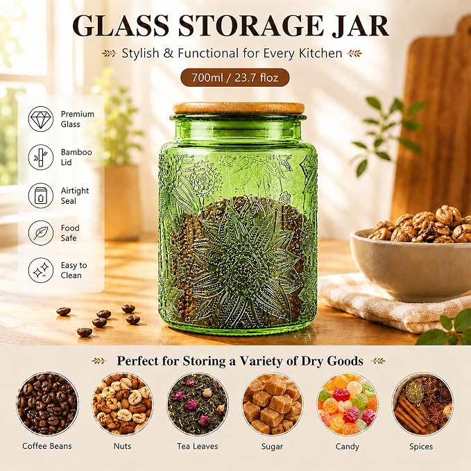 Custde Glass Storage Jars With Airtight Lid, 23.7oz Canister For Kitchen Counter with Bamboo Lid, brown sugar, candy, coffee, cookie, salt, tea,pantry cute Jar (Green, 23.7 fl oz)