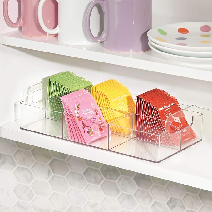 mDesign Compact Plastic Tea Storage Organizer Caddy Tote Bin - 6 Divided Sections, Built-in Handles - Holder for Tea Bags, Packets, Sweeteners and Small Packets - Lumiere Collection - Clear