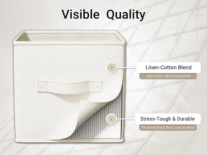 LayerSpace 4 Pack Foldable Fabric Closet Storage Bins, 11Inch Organizer Cubes with Handles, Linen Storage Boxes for Clothes, Toys, Books and Home Organization, White& Ivory