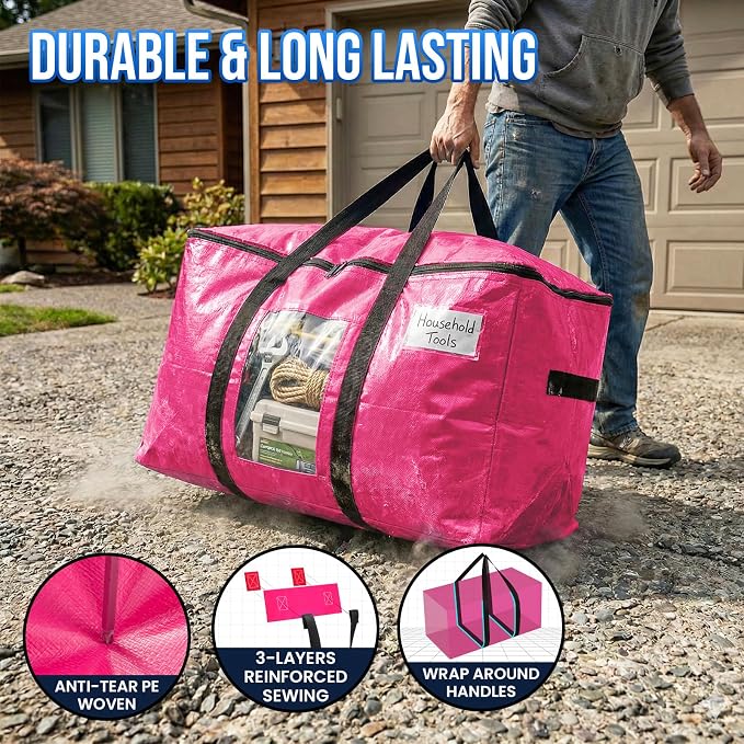 TAILI 2 Pack Pink Extra Large Moving Bags, Heavy Duty Totes with Visible Window, Wrap Around Handles, Space-Saving Storage, Alternative to Moving Boxes