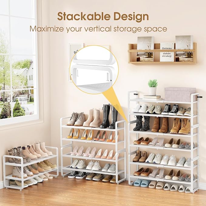 SAYZH Expandable Shoe Rack for Closet, Adjustable Metal Shoe Organizer with Sturdy Mesh Shelves for Boots & Heels, Stackable Shoe Storage for Entryway, Garage, Small Spaces (White, 4-Tier)