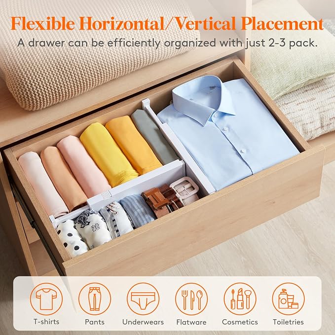 Lifewit 10 Pack Upgrade Drawer Dividers for Clothes, 4" High 11-17" Adjustable Dresser Drawer Organizers, Expandable White Plastic Drawer Separators for Kitchen, Nursery, Office Organization & Storage