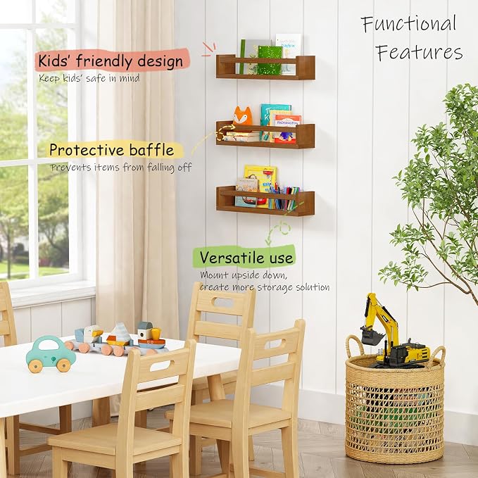 Harwaya Walnut Brown Nursery Book Shelves Wall Mounted, Wooden Floating Bookshelf for Kids Room Bedroom, Dark Wood Nursery Bookshelves for Kitchen Classroom Playroom (Solid Pine, 3-Pack)