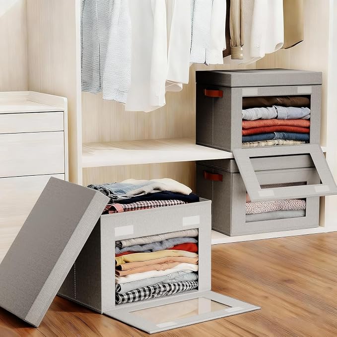 4-Pack Large Storage Bins with Lids,Stackable&Collapsible Closet Storage Bins,Oxford Fabric Organizer Box with Clear Window,Large Decorative Storage Boxes for Closet,Dorm16.5"x11.8"x11"