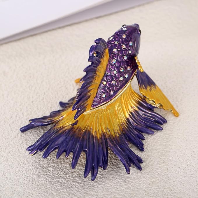 Hand Painted Animal Trinket Box for Home Decor, Hinged Jewelry Organizer Storage, Unique Personalized Collectible Keepsake Figurine Handmade Decorative Ornament Gifts (Crowntail Beta Fish)