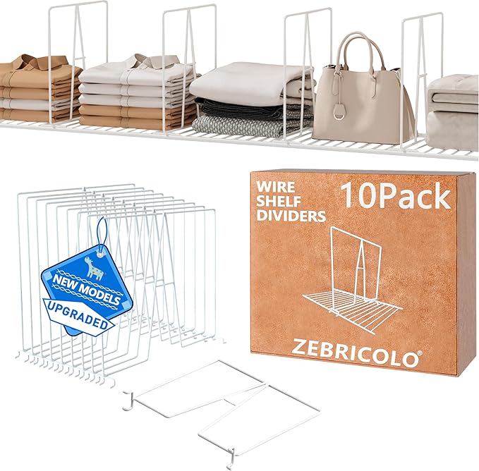 shelf dividers, create 40% more closet space, 10 Pack,12 inch wire shelf dividers, closet organizers and storage, supremely sturdy, closet shelf organizer, Will not break，closet dividers, White