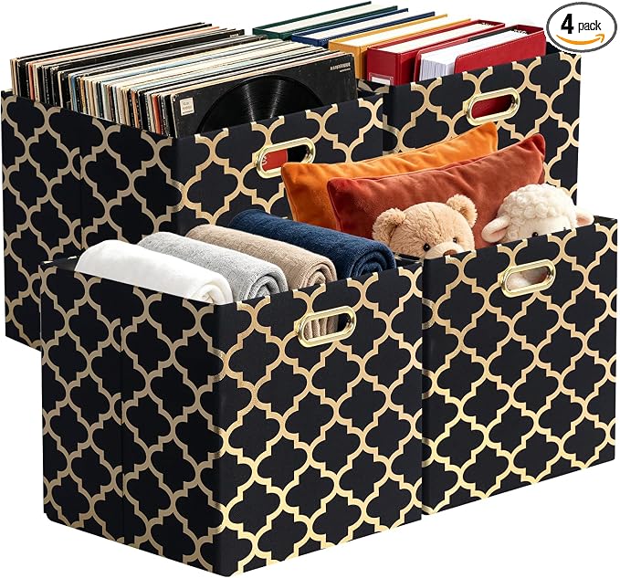 Posprica 11x11x11 Storage Cube Bins, Collapsible Storage Bins Fabric Storage Cubes Organizer Baskets Box Drawers for Shelves, Closet, Wardrobe, Bookshelf, Cabinet (Set of 4, Black/Gold lantern)