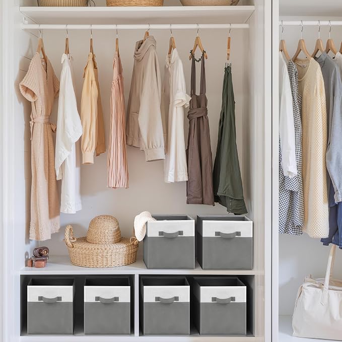 Cupic Cupid 11 Inch Storage Cube, Fabric Cube Storage Bin with Handles, Storage Cube Organizer for Clothes and Toys, Collapsible Cube Bins for Closet, Shelves, Nursery, 6-Pack, Gray and White