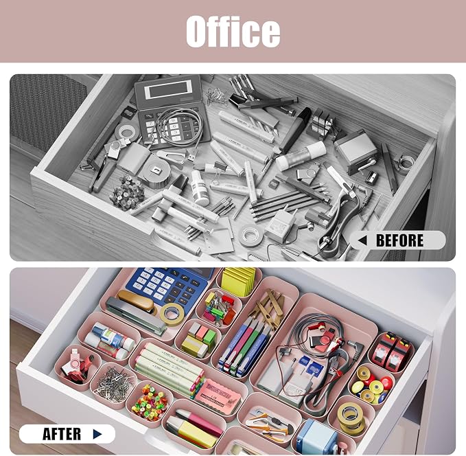 Drawer Organizers Bins 18 PCS for Bathroom Makeup Desk Office | with Non-slip Pads, 4 Sizes, Plastic Tray, Vanity Organizer, Kitchen Utensils Organizer