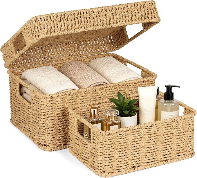 Wicker Storage Basket with Lid - Woven Basket for Storage,Rectangular Decorative Boxes Bins with Lids for Shelves,living room, Nursery, 2 baskets+1 lid(Natural)