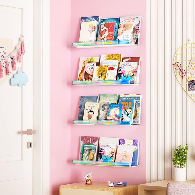 upsimples 4 Pcs 15" Iridescent Acrylic Shelves for Wall Decor and Display | Cute Floating Shelf for Perfume, Skincare, Nail Polish, Wall Organizer for Bedroom, Living Room, Playroom, Room Décor