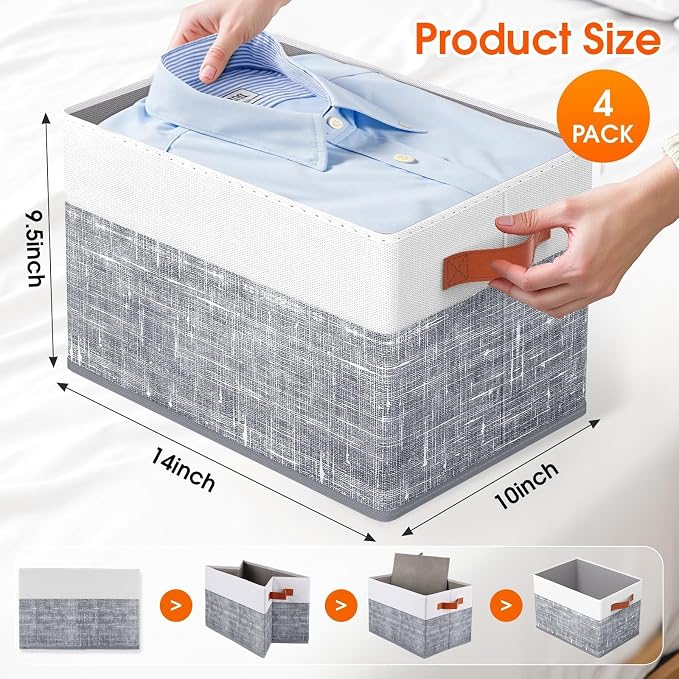 Fab totes Collapsible Storage Baskets for Shelves,14"x10", 4 Pack Foldable Fabric Storage Bins with Double Leather Handles, Large Baskets for Organizing Books, Clothes, White & Grey