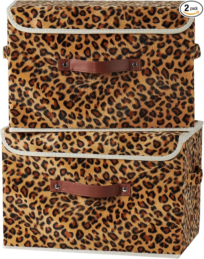 2PCS Storage Bin with Lid Leopard Print Cute Velvet Fabric Storage Basket Box Faux Leather Handles PP Plastic Board Foldable Washable Lidded Closet Shelf Organizer Container (Large Size)