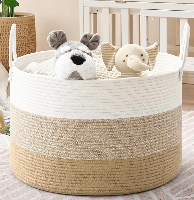 67L Large Woven Blanket Basket, Cotton Rope Baby Laundry Hamper with Handles, Kids Toy Basket for Classroom & Nursery, Soft Round Stuffed Animal Storage, Dog Toy Bin - 20"x13", Gradient Brown
