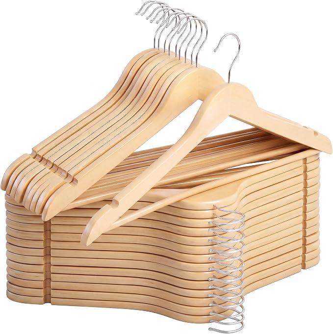 StorageWorks Wooden Hangers 30 Pack, Wood Coat Hangers for Closet, Heavy Duty Clothes Hangers for Suits, Shirts, Pants, Jackets, Natural Wood Color
