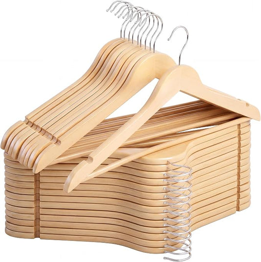StorageWorks Wooden Hangers 30 Pack, Wood Coat Hangers for Closet, Heavy Duty Clothes Hangers for Suits, Shirts, Pants, Jackets, Natural Wood Color