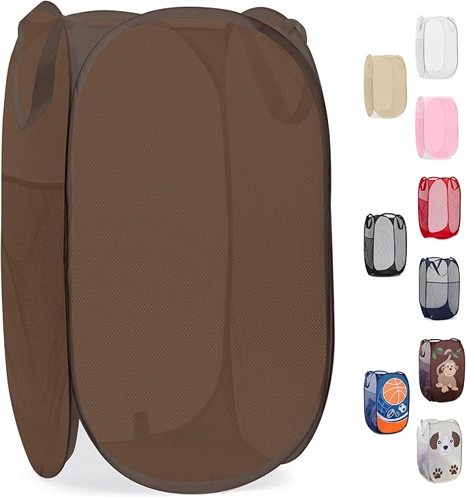 Handy Laundry Collapsible Mesh Pop Up Laundry Hamper with Side Pocket, Breathable & Space-Saving Foldable Basket for Clothes, Toys, Travel, Storage, 14 x 13 x 24 in, Brown