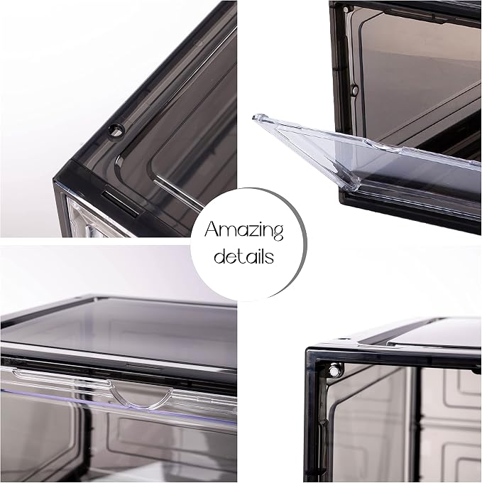 Attelite Large Clear Shoe Box Organizer,Plastic Stackable Shoe Storage Box with Magnetic Door, Large Clear Door Shoe Containers for Display Sneakers, Easy Assembly（Black）