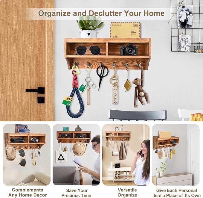 Key Holder Wall Mount - Mail Organizer Wall Mount with 6 Key Hooks and Storage Box for Sunglasses Storage and Dog Leash Holder Home Decor Rack Apartment Essentials Farmhouse Shelf Entryway Organizer