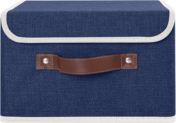 ANMINY Storage Bin with Lid Storage Boxes with PU Leather Handles PP Plastic Board Decorative Foldable Lidded Cotton Linen Fabric Home Cubes Baskets Closet Organizer Container - Blue, Small Size