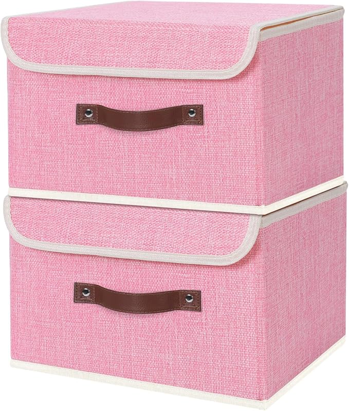 ANMINY 2PCS Storage Bin with Lid Storage Boxes with PU Leather Handles PP Plastic Board Decorative Foldable Lidded Cotton Linen Fabric Home Cubes Baskets Closet Organizer Container - Pink, Medium