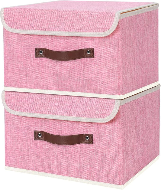 ANMINY 2PCS Storage Bin with Lid Storage Boxes with PU Leather Handles PP Plastic Board Decorative Foldable Lidded Cotton Linen Fabric Home Cubes Baskets Closet Organizer Container - Pink, Medium