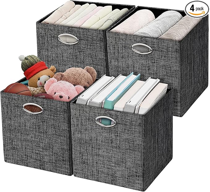Posprica Storage Cubes,12×12 Storage Bins,Foldable Storage Baskets Fabric Drawers Containers for Shelf Cabinet Bookcase,Thick and Heavy Duty (4pcs, black)