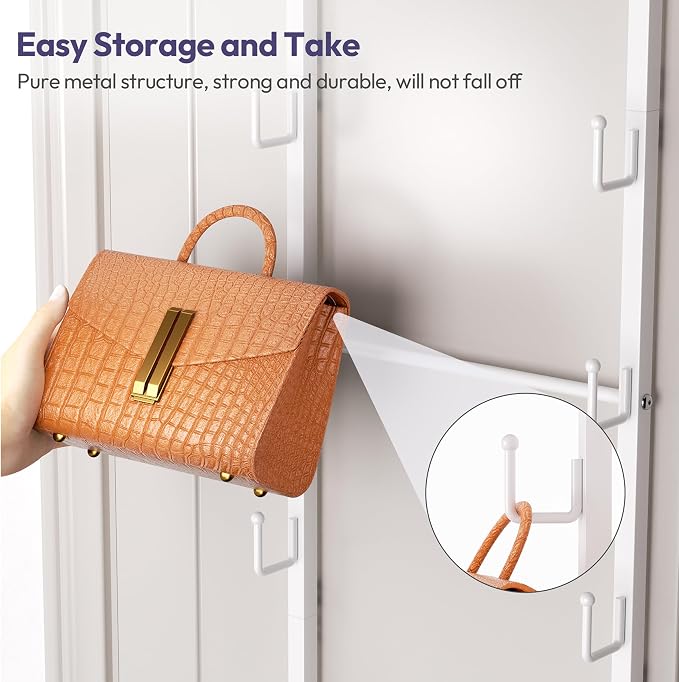 SWTYMIKI Over The Door Purse Organizer - Wall Mounted Purse Rack with 16 Hooks and Metal Basket, Handbag Hanger Organizer Holds up to 16 Bags, Bag Rack Can Use As 1/2 Part, for Door, Closet