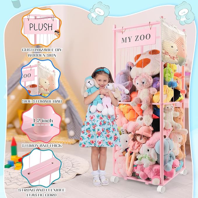 GLDZI Stuffed Animal Storage Zoo with Wheels, Wooden Stuffed Animal Organizer with Elastic Cords, Space Saving Toy Plushies Storage Holder for Playroom, Bedroom, Living Room(Pink, Large)