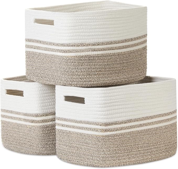 Temary Woven Storage Baskets, Set of 3 Rope Baskets for Storage Clothes, Towels, Versatile Boho Storage Bins (White&Brown, 13"x9.8"x8.5")