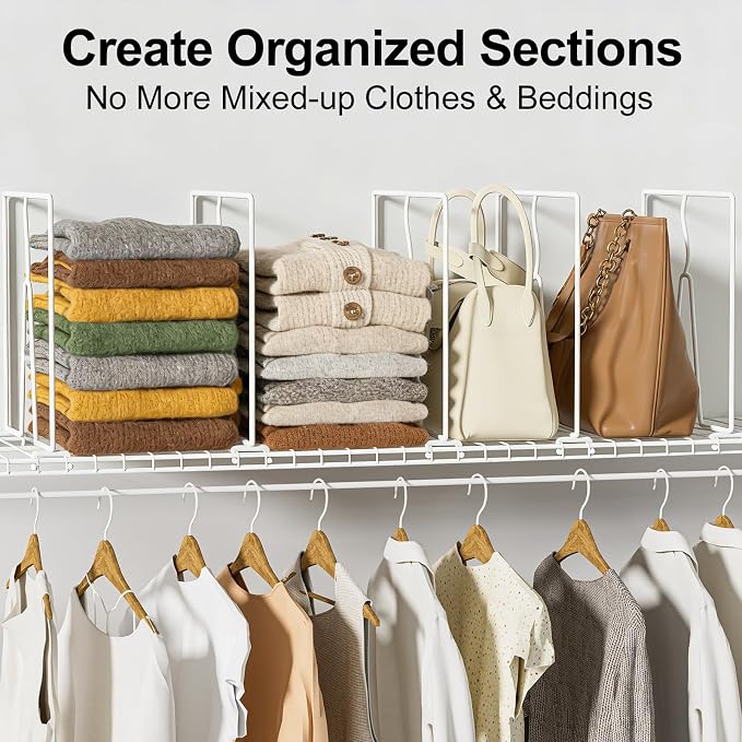 SortNStore Wire Shelf Dividers for Closet: 12-inch Tall 12-inch Deep 6 Pack Wire Rack Accessories - Adjustable Purse Organizer for Clothes Handbags - Metal Linen Closet Pantry Separators