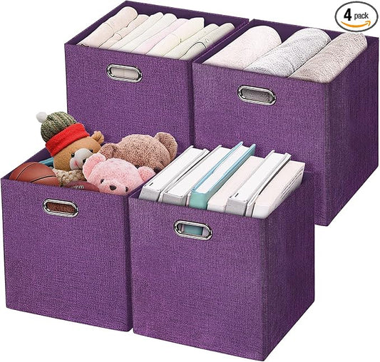 Posprica Storage Basket Bins,13×13×13 Foldable Storage Cube Boxes Fabric Drawer for Closet Shelf Cabinet Bookcase - Set of 4, Purple