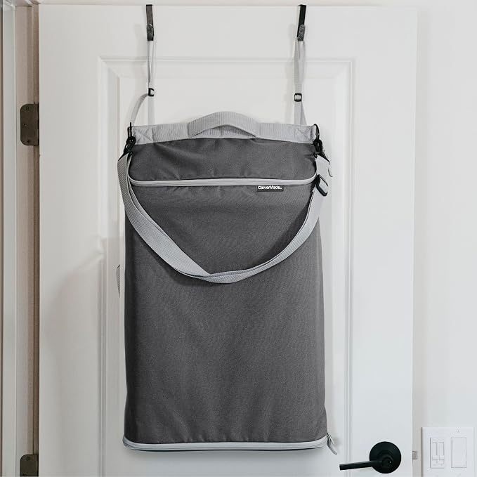CleverMade Convertible Hanging Laundry Hamper, 21.5L, Over-the-Door, Stone | Bottom zipper, removable carry strap and door hooks simplify unloading and hauling in dorms, bedrooms, bathrooms and RVs