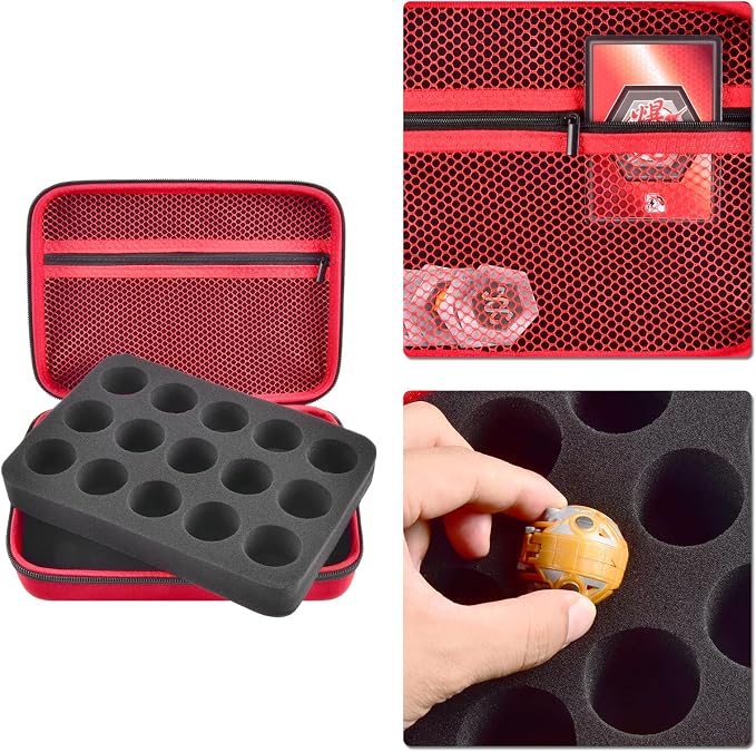 Comecase 15-Slot Case for Bakugan Figures and Cards with Mesh Pocket-Red | 15 Foam Slots, Mesh Pocket for 60+ Cards, Hard Shell Storage, Keeps Bakugan Figures Organized for Kids and Travel, Case Only