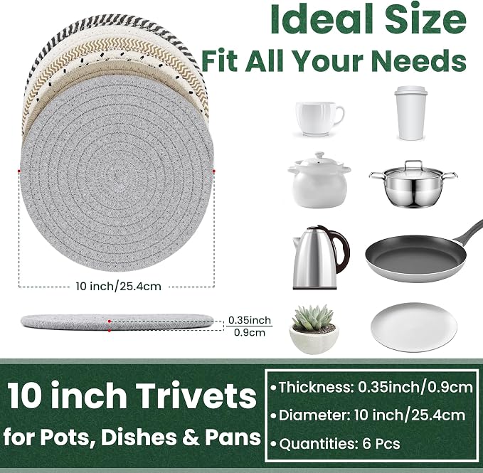 10 Inch Trivets for Hot Dishes, Hot Pots and Pans, 6 Pcs | Extra Large Thick, Heat Resistant Large Coaster, Hot Pads, Pot Holders for Table & Countertop