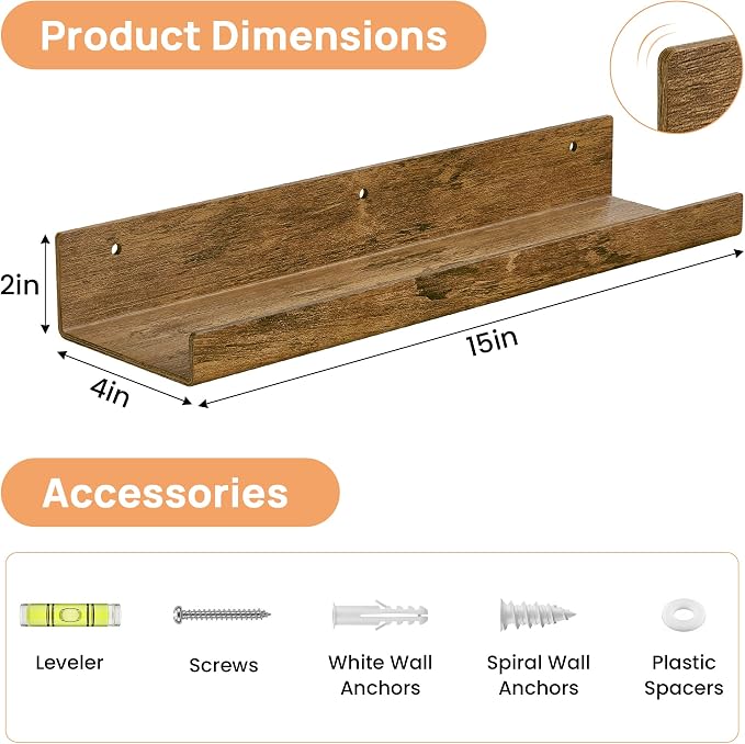 upsimples 4 Pcs 15" Acrylic Shelves for Wall Decor and Display, Rustic Wood | Cute Floating Shelf for Perfume, Skincare, Nail Polish, Wall Organizer for Bedroom, Living Room, Playroom, Room Décor