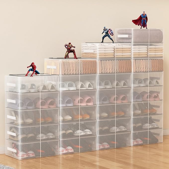 3 Pack Clear Shoe Closet Organizer for Boots Sneaker, 15.8" x 11.8" x 6" | Steel Frame, Waterproof PVC Cloth, Stackable Storage Boxes Bins for Under-Bed, Bedroom Dormitory