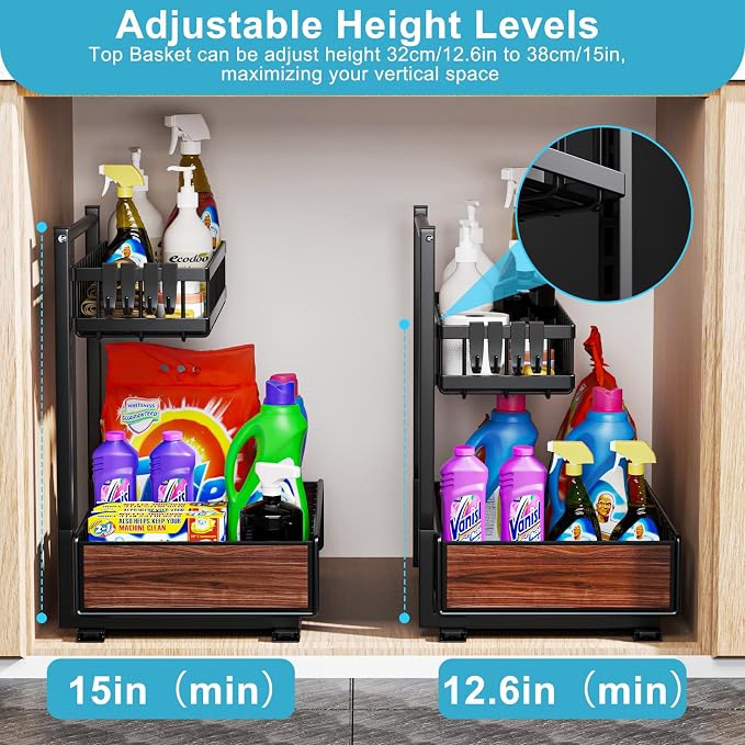 Cadrim Under Sink Organizer 2 pack, Pull Out Cabinet Organizer Shelf 15.75 * 13.78 * 10.3 inch，Organizers and Storage with Sliding Drawer, Under Sink Storage for Kitchen Bathroom Cabinet