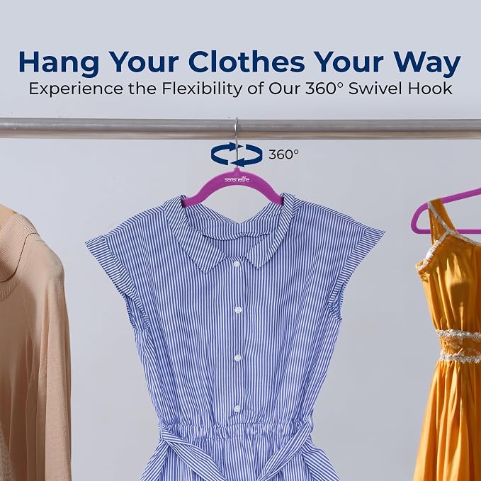 SereneLife Velvet Hangers – 100 Pack, Slim & Space Saving for Closets | Soft Velvet Grip Prevents Slipping On Silk, Satin & Knitwear – 360° Swivel Hook Fits All Standard Closet Rods