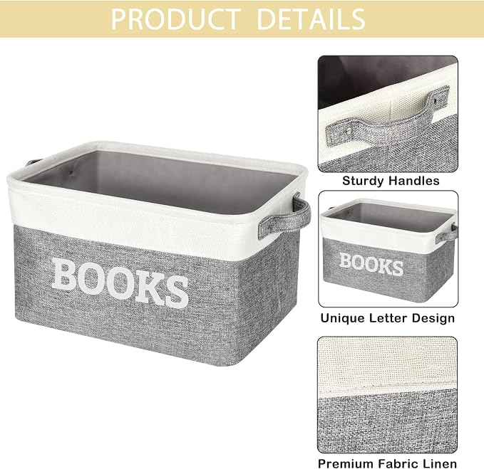 Lukeline Book Storage Baskets for Organizing, 15.5 x 11.6 x 9.4 Storage Basket for Books Cookbook and Recipe, Collapsible Storage Bin, Decorative Baskets for Home, Shelves, Classroom (BOOKS)